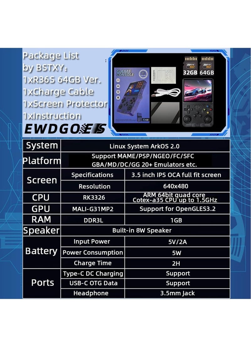 Generic - R36S Handheld Retro Gaming Console Linux System with 128G TF Card, Preloaded with 15000+ Games, Retro Video Game Console 3.5-inch IPS Screen (Black 128G) - Image 1