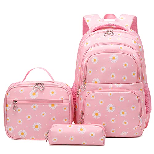 goldwheat Daisy Printed Backpacks With Lunch Pack Pencil Case 3pcs, Lightweight Water Resistant Bookbag For Middle School - Image 1