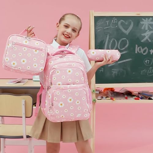 goldwheat Daisy Printed Backpacks With Lunch Pack Pencil Case 3pcs, Lightweight Water Resistant Bookbag For Middle School - Image 3