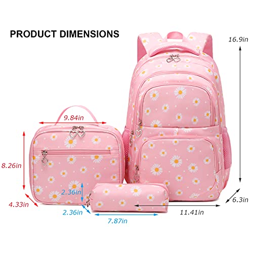 goldwheat Daisy Printed Backpacks With Lunch Pack Pencil Case 3pcs, Lightweight Water Resistant Bookbag For Middle School - Image 2