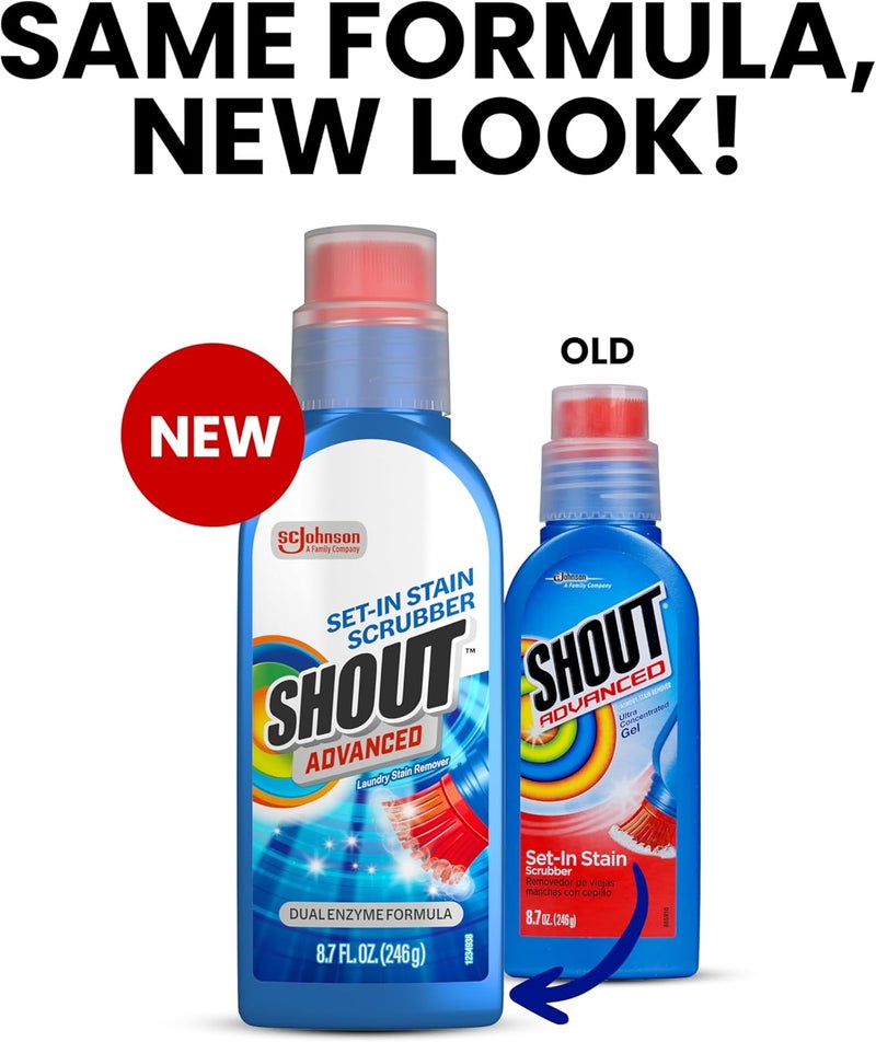 Shout Advanced Stain Remover Gel for Clothes Laundry, Ultra Concentrated Gel with Built-in Scrubber Brush for Deep Set-In stains, 8.7oz Upgraded general grade quality - Image 1