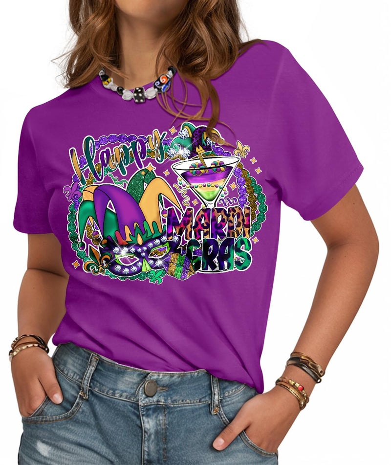JMHACHY Mardi Gras T-Shirt for Women - Colorful Cocktail Jester Mask Design Graphic Shirt, Purple Casual Tee Soft Cotton Suitable for Celebrations, Crewneck Sleeve Top Print Tops, M - Image 1