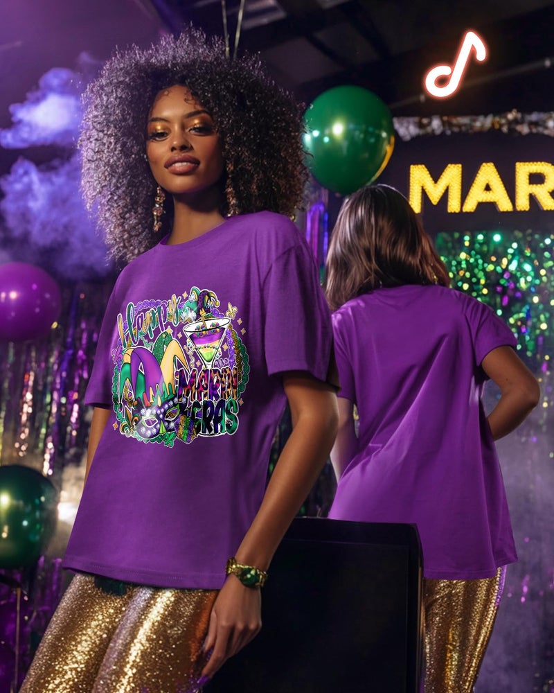 JMHACHY Mardi Gras T-Shirt for Women - Colorful Cocktail Jester Mask Design Graphic Shirt, Purple Casual Tee Soft Cotton Suitable for Celebrations, Crewneck Sleeve Top Print Tops, M - Image 3