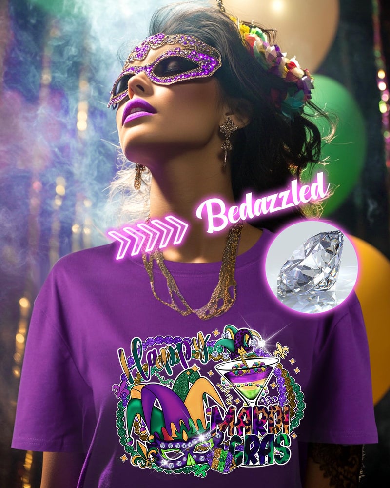 JMHACHY Mardi Gras T-Shirt for Women - Colorful Cocktail Jester Mask Design Graphic Shirt, Purple Casual Tee Soft Cotton Suitable for Celebrations, Crewneck Sleeve Top Print Tops, M - Image 5