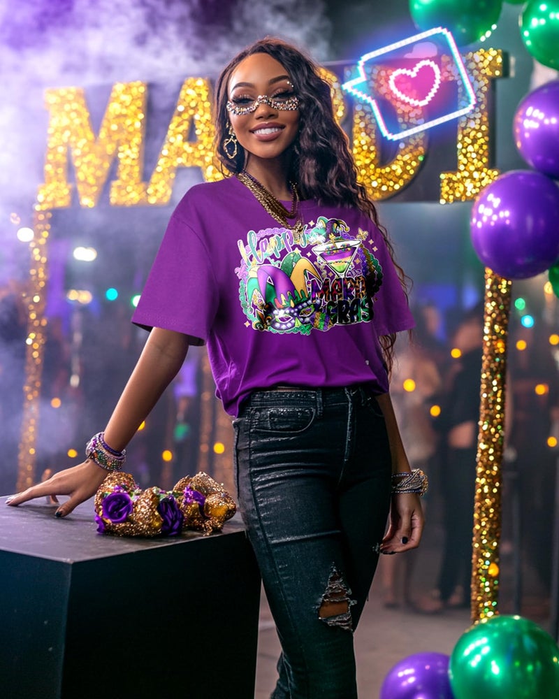 JMHACHY Mardi Gras T-Shirt for Women - Colorful Cocktail Jester Mask Design Graphic Shirt, Purple Casual Tee Soft Cotton Suitable for Celebrations, Crewneck Sleeve Top Print Tops, M - Image 2