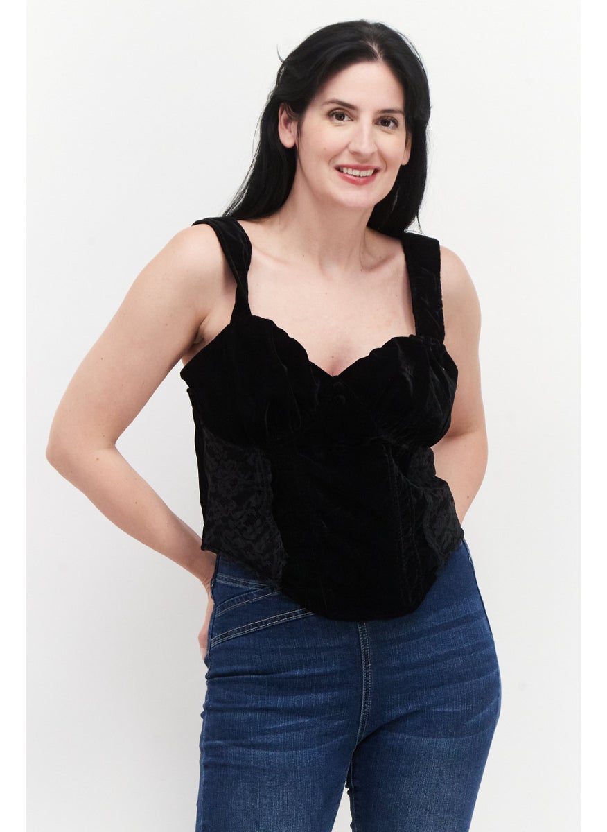 RIVER ISLAND Women Sweetheart Neck Sleeveless Textured Top, Black  - Image 1