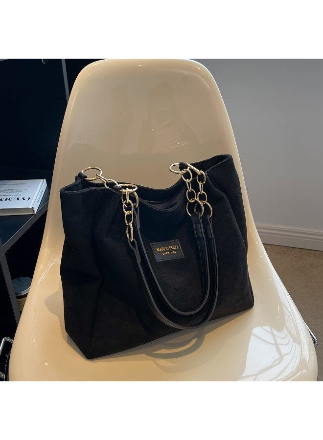 Women's Large Black Suede-Textured Tote Bag with Gold-Tone Chain Shoulder Strap - Image 3