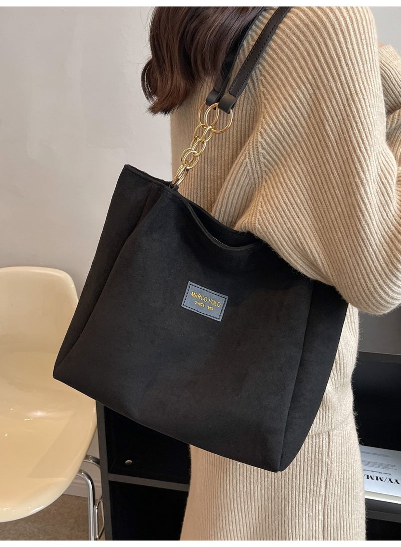 Women's Large Black Suede-Textured Tote Bag with Gold-Tone Chain Shoulder Strap - Image 2
