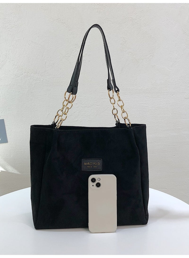 Women's Large Black Suede-Textured Tote Bag with Gold-Tone Chain Shoulder Strap - Image 4