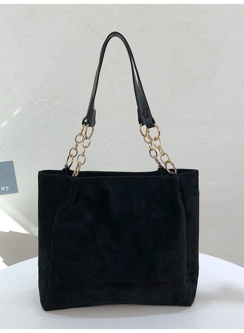 Women's Large Black Suede-Textured Tote Bag with Gold-Tone Chain Shoulder Strap - Image 5
