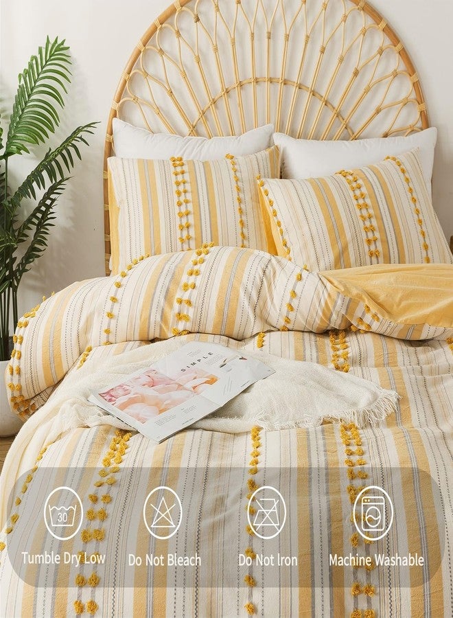 La Sheer Washed Cotton Full Size Duvet Cover Set - Tufted Dots Boho Chic Bedding for All Seasons, Striped Bohemain Bedding Linen Like Textured Breathable Durable Soft Comfy (Yellow, 89''x90'') - Image 3
