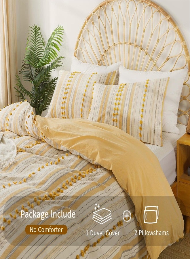 La Sheer Washed Cotton Full Size Duvet Cover Set - Tufted Dots Boho Chic Bedding for All Seasons, Striped Bohemain Bedding Linen Like Textured Breathable Durable Soft Comfy (Yellow, 89''x90'') - Image 4