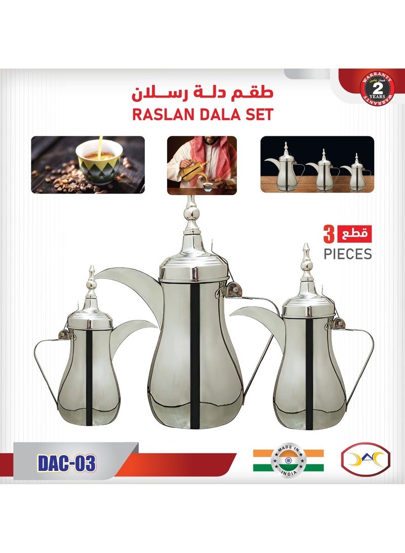 طقم دلة رسلان، طقم دلة قهوة عربية فولاذي - 3 قطع DAC-03 فضي