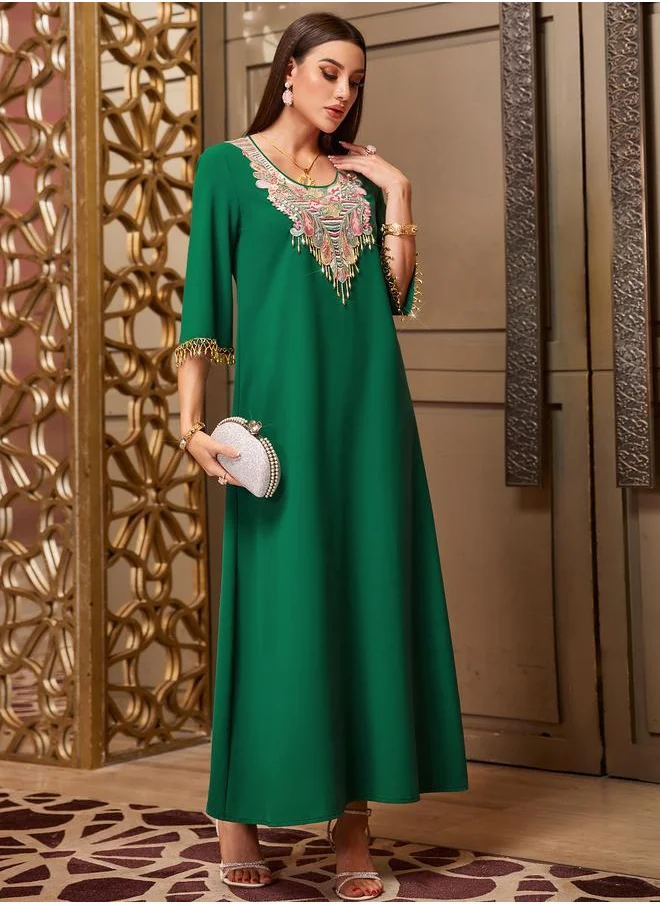 تايك تو Take Two Embroidered Round Neck Jalabiya with 3/4 Sleeves