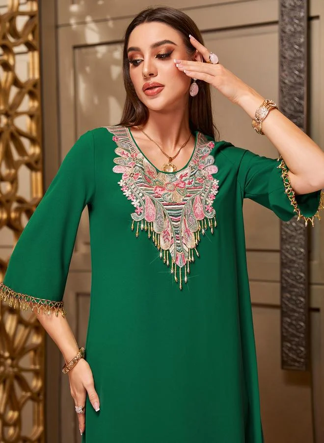 Take Two Take Two Embroidered Round Neck Jalabiya with 3/4 Sleeves