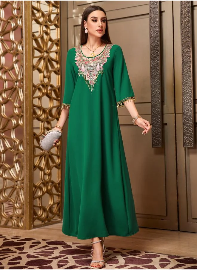 تايك تو Take Two Embroidered Round Neck Jalabiya with 3/4 Sleeves