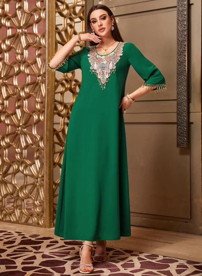 Take Two Take Two Embroidered Round Neck Jalabiya with 3/4 Sleeves
