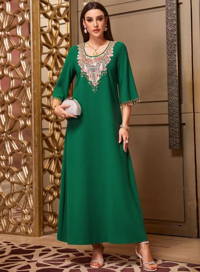 Take Two Take Two Embroidered Round Neck Jalabiya with 3/4 Sleeves