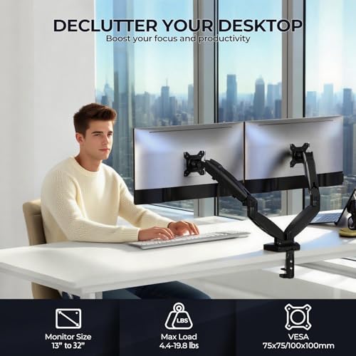 NSY Audio Dual Monitor Arm Stand - Holds 2 Computer Screens up to 32 Inches & 20 lbs Each, Pneumatic Height Adjustable Desk Mount with Articulating Swivel Arms, Full Motion VESA Bracket - Image 2