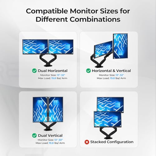 NSY Audio Dual Monitor Arm Stand - Holds 2 Computer Screens up to 32 Inches & 20 lbs Each, Pneumatic Height Adjustable Desk Mount with Articulating Swivel Arms, Full Motion VESA Bracket - Image 5