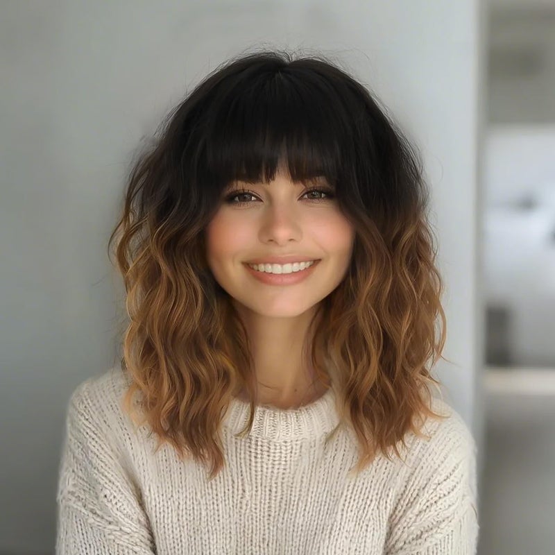 AISI HAIR Ombre Brown Short Wavy Bob Wigs with Bangs for Women Ombre Brown Wavy Wig Natural Looking Resistant Fiber Synthetic Hair for Daily