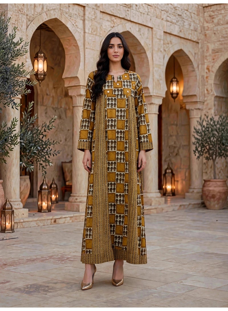 IKKXA Embroidered Tiered Long-Sleeve Jalabiya IKTT10Yellow - Image 1