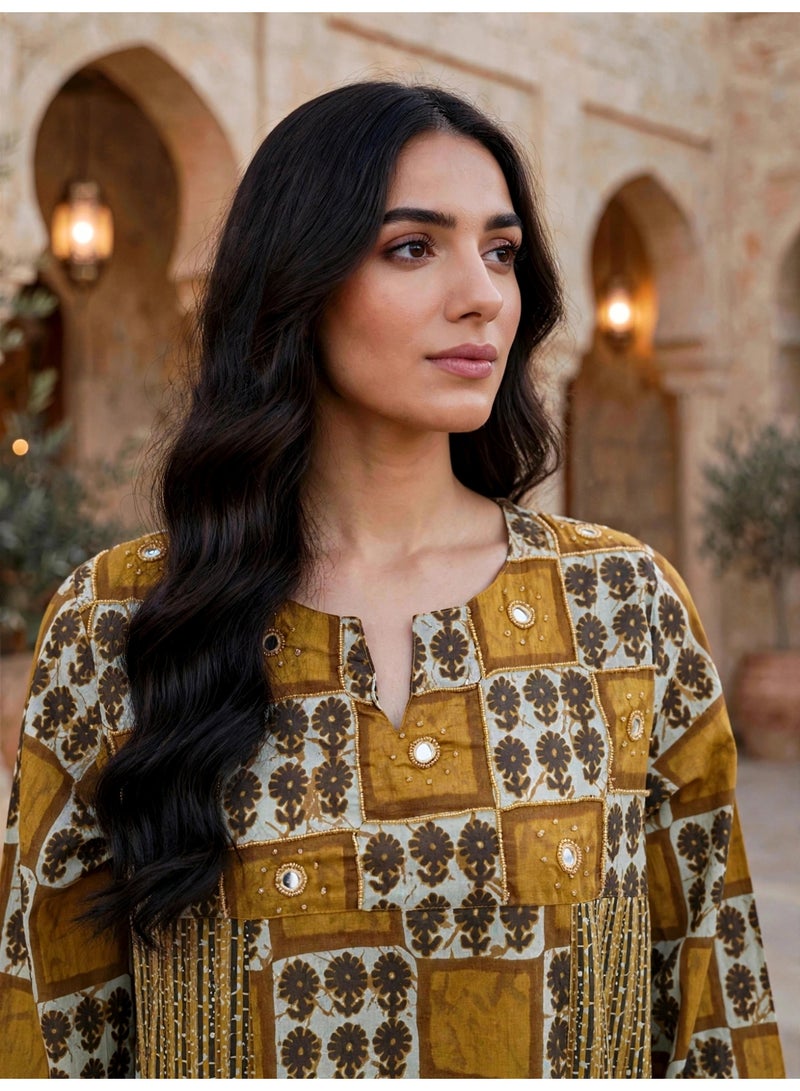 IKKXA Embroidered Tiered Long-Sleeve Jalabiya IKTT10Yellow - Image 2