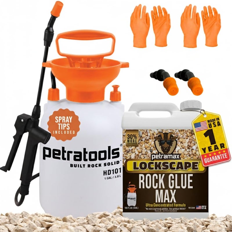 Petra Lockscape Sticky Rock or Sticky Mulch Glue for Landscaping with Sprayer 1 Gallon, Max Rock Glue for Landscape & PetraTools HD101 Bundle, Lockdown Gravel or Mulch for Landscaping Hold (Stone Max) - Image 1