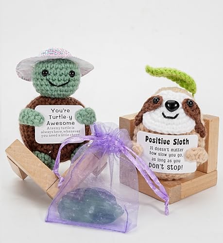 Poscrochet 2 Pack Positive Crochet Animals Birthday Gifts for Women Men Includes Motivational Cards and a Wooden Base Cute Small Gift for Son Mom Dad Daughter Sister Friend Coworkers - Image 1