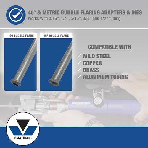 MASTERCOOL مجموعة أدوات تشكيل الفلير الهيدروليكي المزدوج والقياسي Mastercool 72450 – تشكيلات بزاوية 45° لخطوط الفرامل والوقود – تعمل مع أنابيب الصلب والنحاس والألمنيوم – تشمل مضخة هيدروليكية، قوالب ومحولات - Image 4