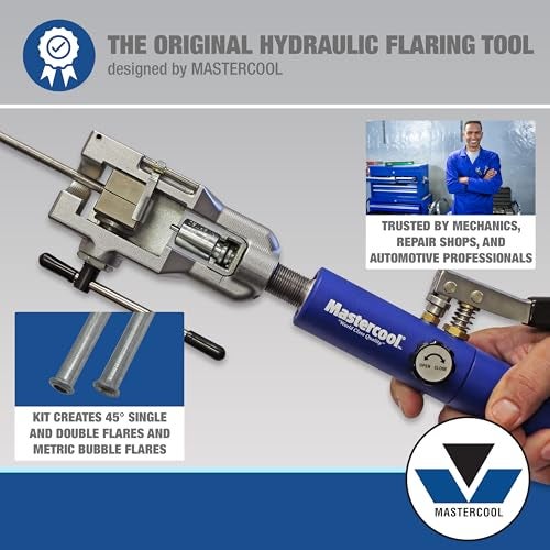 MASTERCOOL مجموعة أدوات تشكيل الفلير الهيدروليكي المزدوج والقياسي Mastercool 72450 – تشكيلات بزاوية 45° لخطوط الفرامل والوقود – تعمل مع أنابيب الصلب والنحاس والألمنيوم – تشمل مضخة هيدروليكية، قوالب ومحولات - Image 2