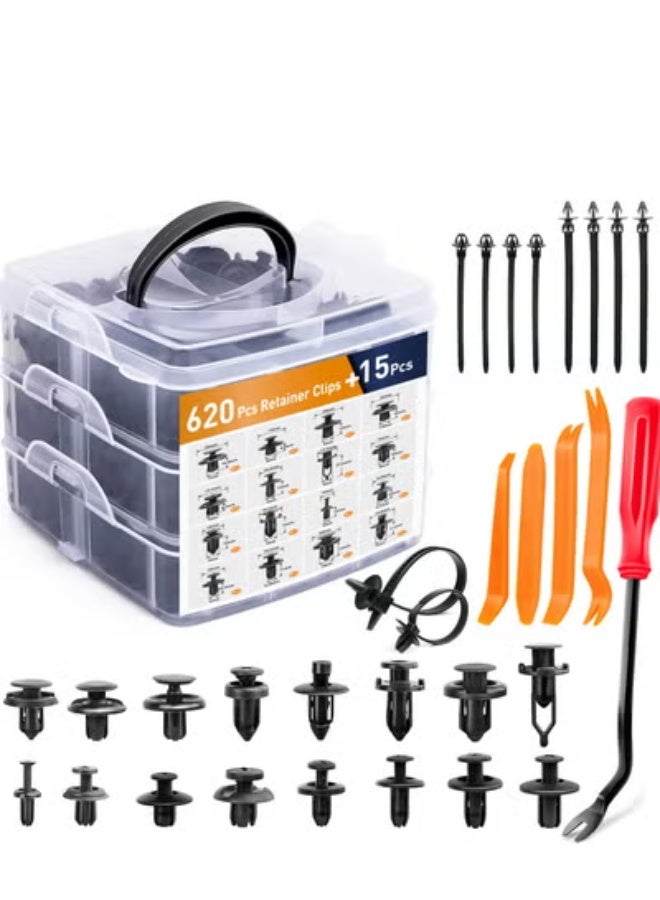 COYO 620Pcs Car Push Retainer Clips & Auto Fasteners Assortment -16 Most Popular Sizes Nylon Bumper Fender Rivets with 10 Cable Ties and Fasteners Remover for Toyota GM Ford Honda Acura Chrysler - Image 1