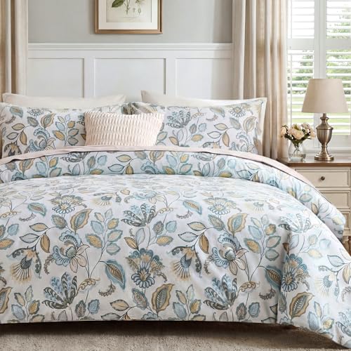 Cozaline Blue Floral Duvet Cover Queen Size 100% Cotton Botanical Coquette Comforter Cover 3 Pieces Soft & Breathable French Style Duvet Cover with Zipper Closure - Image 1