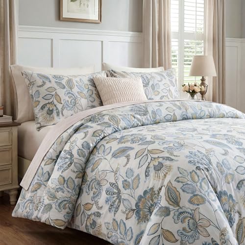 Cozaline Blue Floral Duvet Cover Queen Size 100% Cotton Botanical Coquette Comforter Cover 3 Pieces Soft & Breathable French Style Duvet Cover with Zipper Closure - Image 4