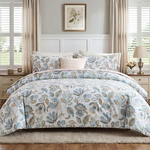 Cozaline Blue Floral Duvet Cover Queen Size 100% Cotton Botanical Coquette Comforter Cover 3 Pieces Soft & Breathable French Style Duvet Cover with Zipper Closure - Image 3
