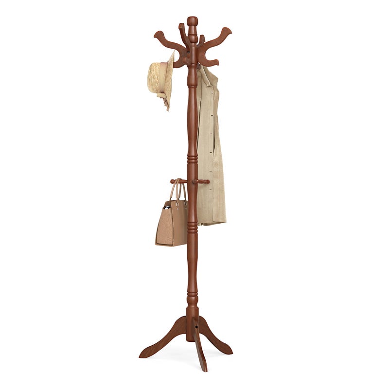 VASAGLE Coat Stand, Solid Wood Freestanding Coat Rack with 11 Hooks, Hall Tree for Bags, Purses, Hats, for Entryway, Hallway, Rubberwood, Caramel Brown URCR05WN - Image 1