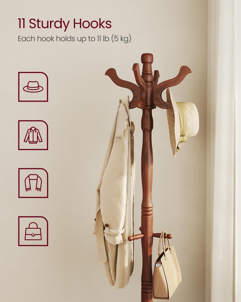 VASAGLE Coat Stand, Solid Wood Freestanding Coat Rack with 11 Hooks, Hall Tree for Bags, Purses, Hats, for Entryway, Hallway, Rubberwood, Caramel Brown URCR05WN - Image 3