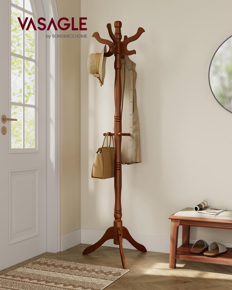 VASAGLE Coat Stand, Solid Wood Freestanding Coat Rack with 11 Hooks, Hall Tree for Bags, Purses, Hats, for Entryway, Hallway, Rubberwood, Caramel Brown URCR05WN - Image 2