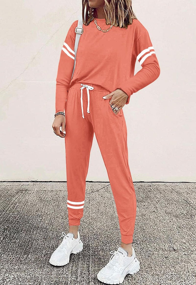 MASCOMODA Tracksuit for Women 2 Piece Jogger Sets Casual Loungewear Set Long Sleeve Crewneck Pullover Tops and Lounge Pants(Coral Pink,Large) - Image 2