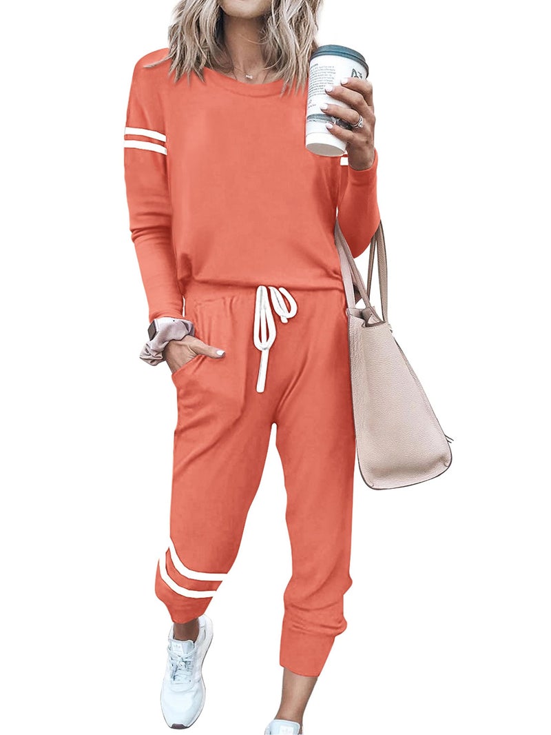 MASCOMODA Tracksuit for Women 2 Piece Jogger Sets Casual Loungewear Set Long Sleeve Crewneck Pullover Tops and Lounge Pants(Coral Pink,Large) - Image 1