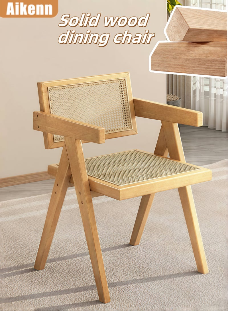 Aikenn Mid-Century Modern Dining Chair, Reclining Armchair, Multi-Color Rattan & Wood, Open Back, Padded Armrest, 200kg Capacity  - Image 1