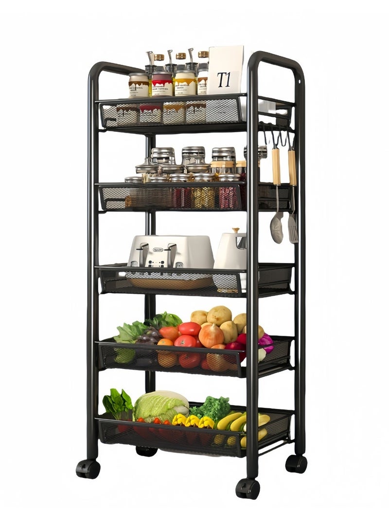 5-Tier Iron Storage Rack with Wheels – Heavy Duty Rolling Organizer Shelf for Kitchen, Pantry & Living Room - Image 1