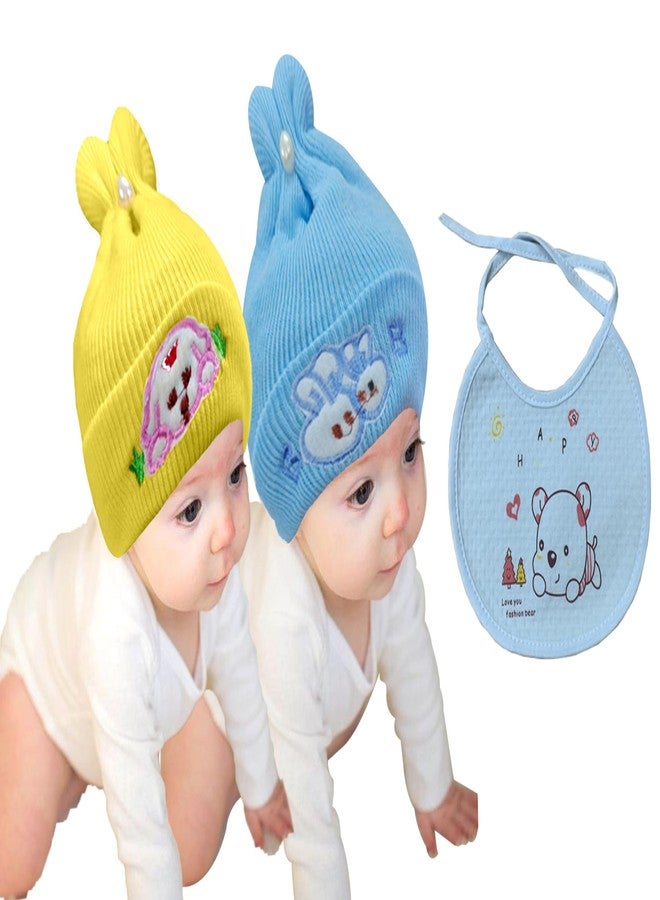 COOL INDIANS Combo of Baby Winter Warm Cap & Bibs for New Born Baby Kid's Hat | Cotton Bibs/Apron with Titch Button | Woolen Cap for Kid's Boy's & Girl's (0-3 Months, Blue Yellow) - Image 1