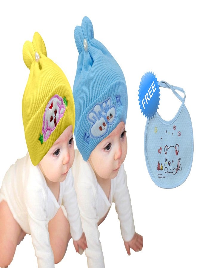COOL INDIANS Combo of Baby Winter Warm Cap & Bibs for New Born Baby Kid's Hat | Cotton Bibs/Apron with Titch Button | Woolen Cap for Kid's Boy's & Girl's (0-3 Months, Blue Yellow) - Image 2