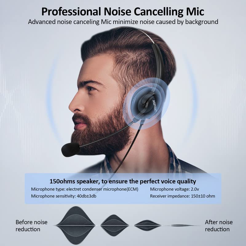 AGPTEK Hands-Free Call Center Noise Cancelling Corded Binaural Headset Headphone with 4-Pin RJ9 Crystal Head and Mic Microphone for Desk Phone - Telephone Counselling Services, Insurance, Hospitals - Image 5