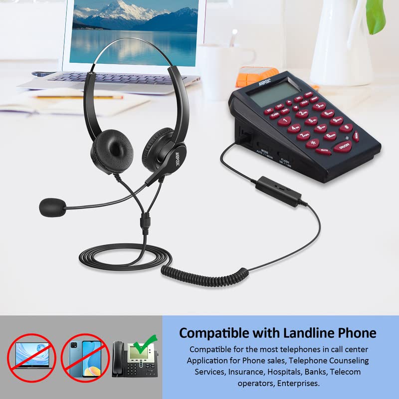 AGPTEK Hands-Free Call Center Noise Cancelling Corded Binaural Headset Headphone with 4-Pin RJ9 Crystal Head and Mic Microphone for Desk Phone - Telephone Counselling Services, Insurance, Hospitals - Image 4