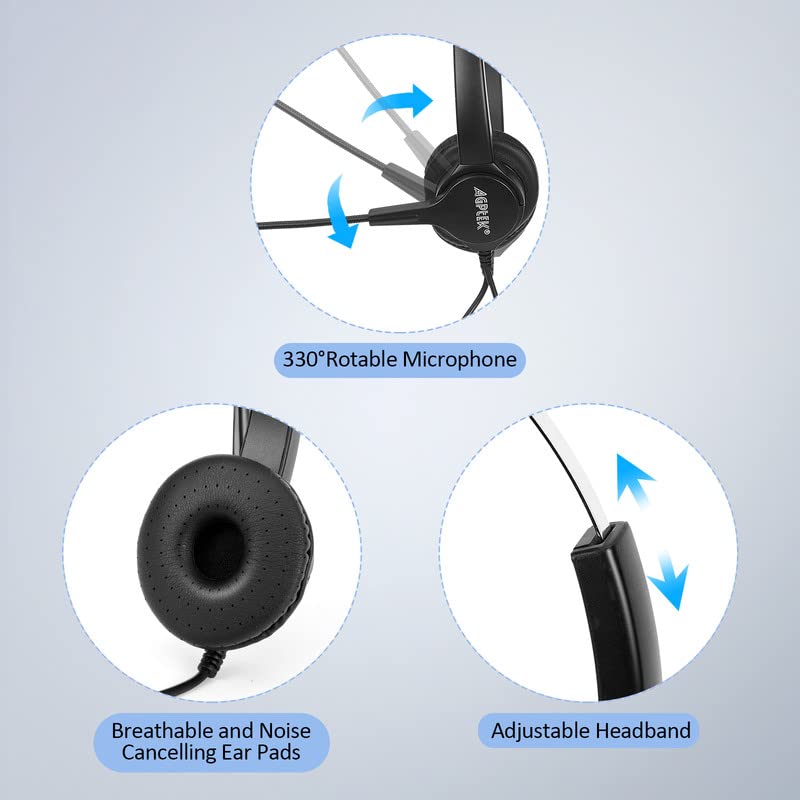 AGPTEK Hands-Free Call Center Noise Cancelling Corded Binaural Headset Headphone with 4-Pin RJ9 Crystal Head and Mic Microphone for Desk Phone - Telephone Counselling Services, Insurance, Hospitals - Image 3