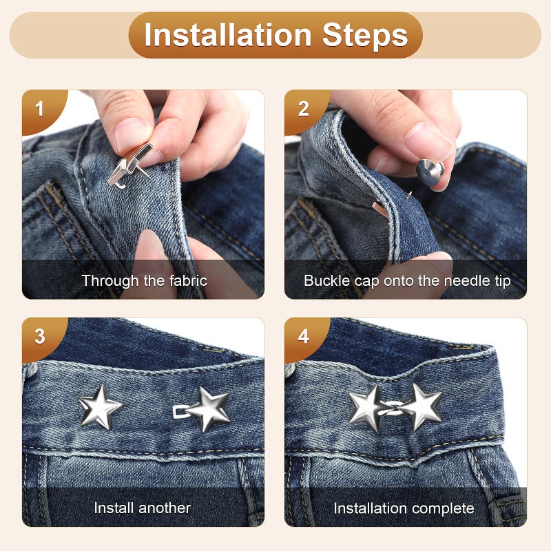 KUNTAERY 12 Set No-Sew Waist Tightener Buttons for Jeans & Pants, Adjustable Metal Clips to Make Loose Pants Fit Snug, Reusable Jeans Button Pins - Image 4
