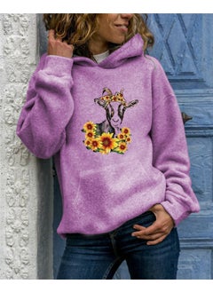 Long Sleeve Hoodie Womens Fashion Animal Print round Neck Pullover Sweatshirt Streetwear Style Comfortable Fit Polyester Fiber light purple hooded