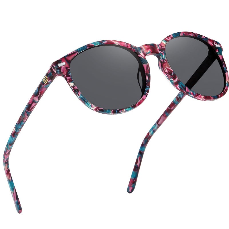 DUCO Retro Round UV400 Polarized Sunglasses for Women Men Vintage Shades Classic Acetate Trendy Fashion Sunglass DC1230 (Candy Phoenix Frame Grey Lens) - Image 1